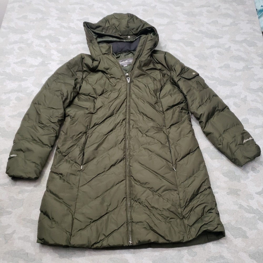 Eddie Bauer Puffer Jacket Women XL Green Goose Down Hooded Full Zip EB 550